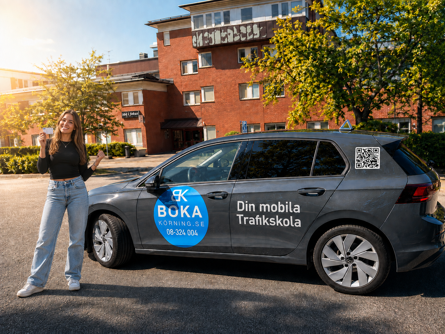 Student with her driving license next to a Bokakörning car